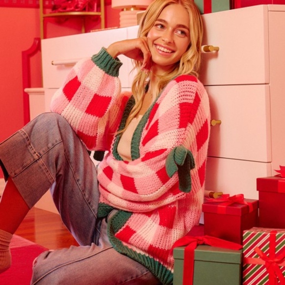 Bibi Buffalo Plaid Bow Detail Open Front Loose Fit Cardigan - Picture 3 of 6